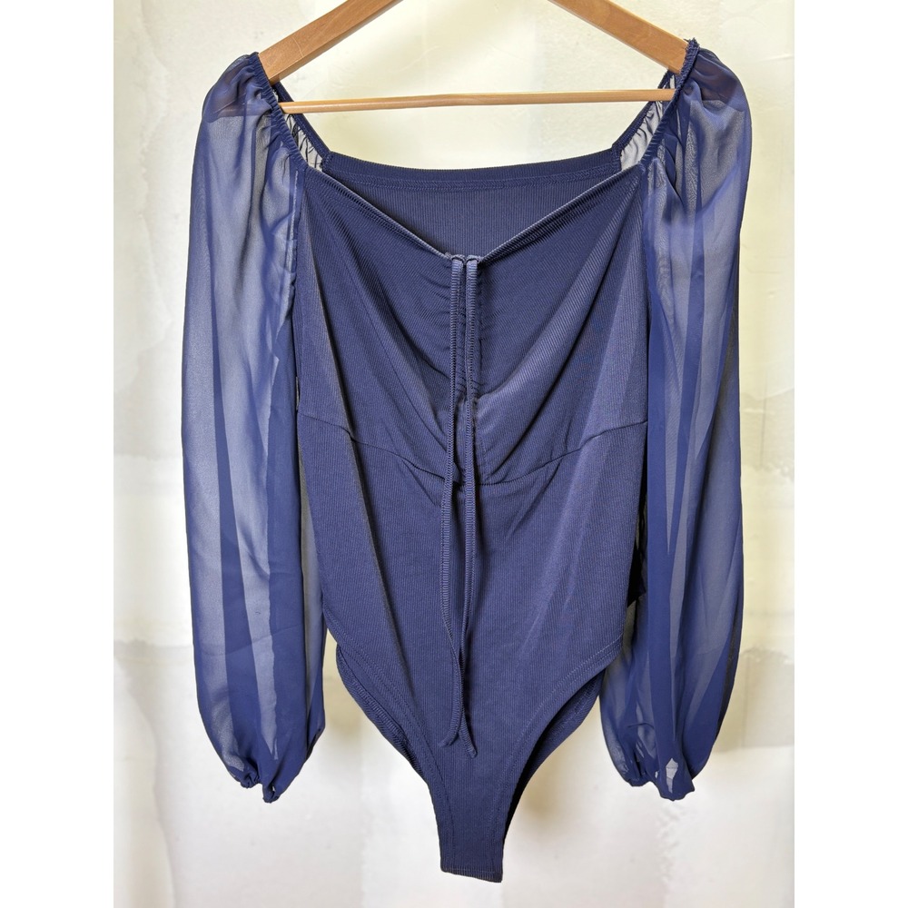 Shein Curve Navy Blue Ribbed Bodysuit Sheer Long Puff Sleeve Square Neck 0XL